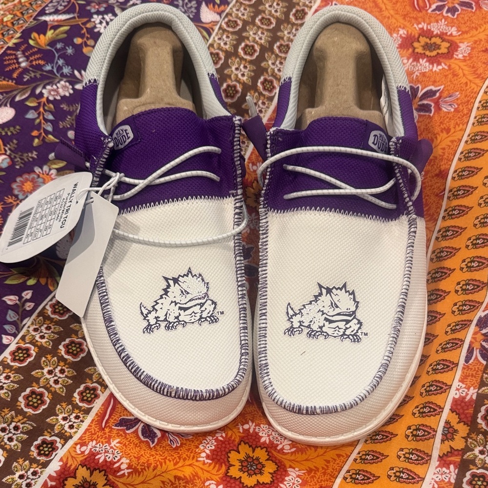 Hey Dude White and Purple TCU Canvas Slip-On Loafers